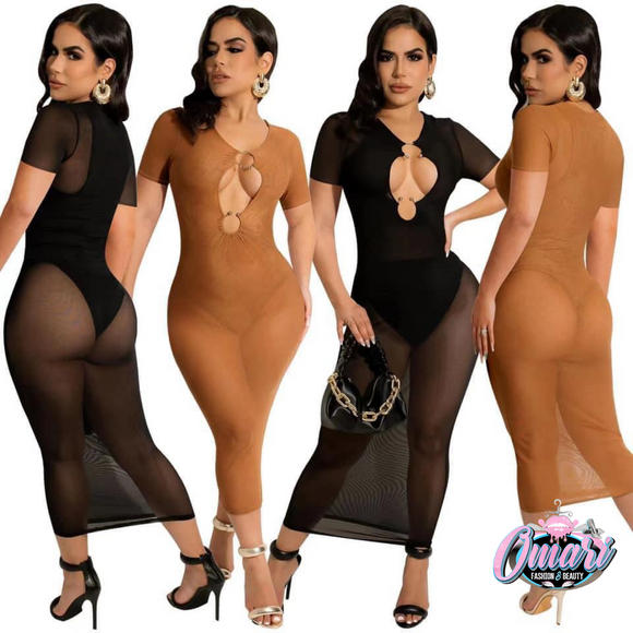 Long see through mesh dress.